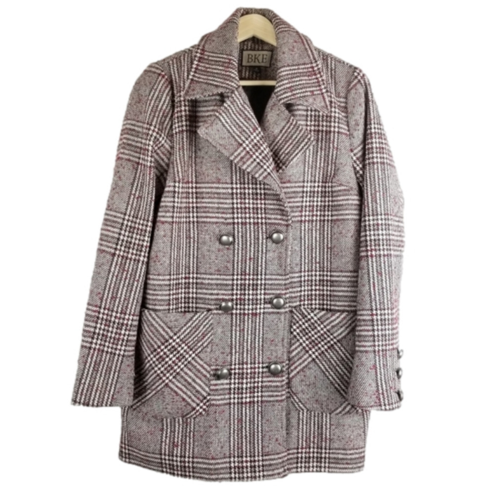 BKE‎ Medium Houndstooth Long Double breasted Peacoat Black White Red Buckle
